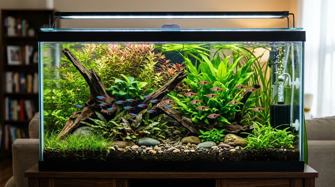 A balanced 29-gallon planted community aquarium featuring schooling tetras, a honey gourami centerpiece, and bottom-dwelling corydoras