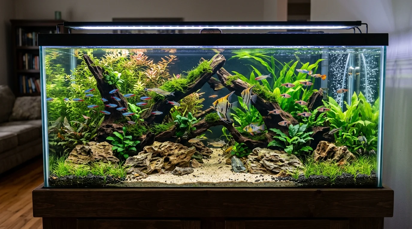 A lush 55-gallon planted community aquarium featuring schooling Boesemani rainbowfish and bottom corydoras