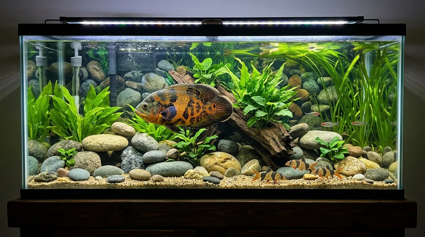 A well-balanced 75-gallon freshwater aquarium featuring an Oscar centerpiece and robust driftwood hardscape