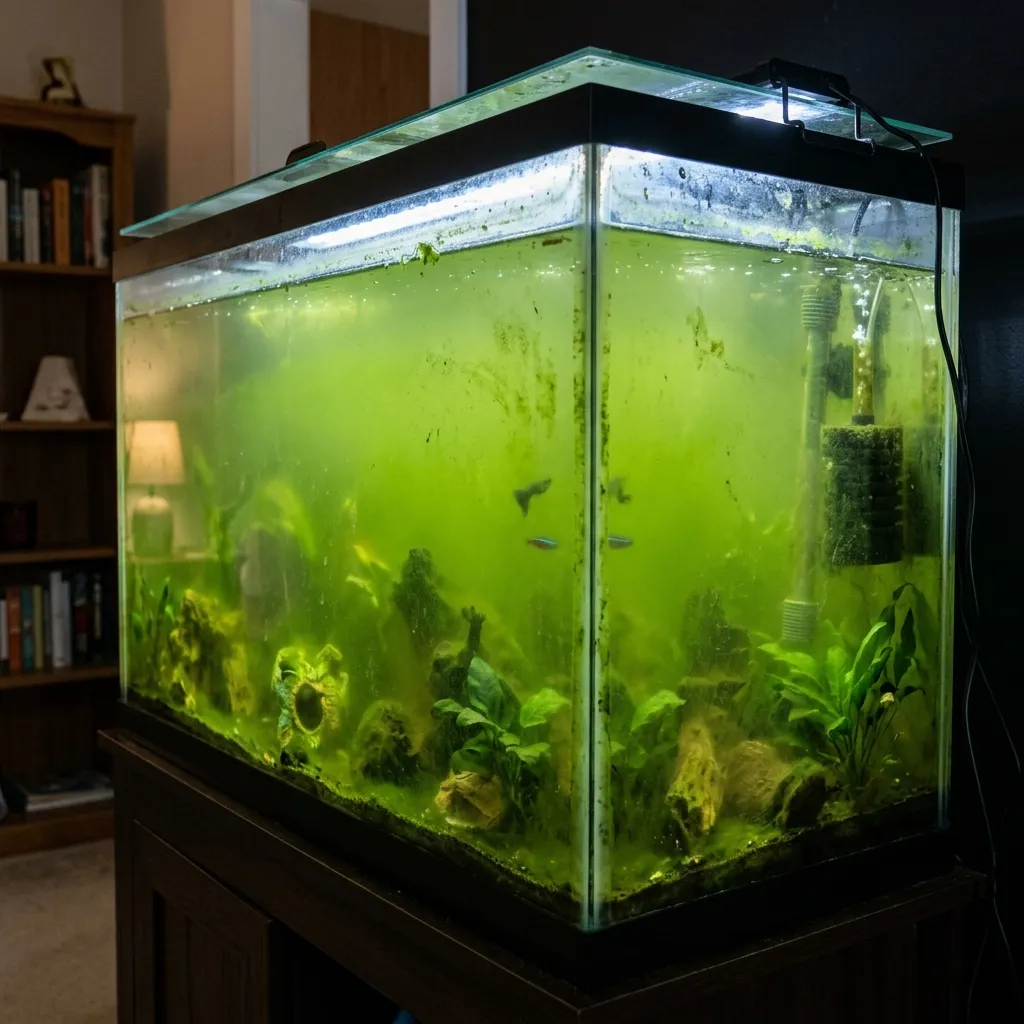 Aquarium water clouded pea-green from a free-floating algae bloom