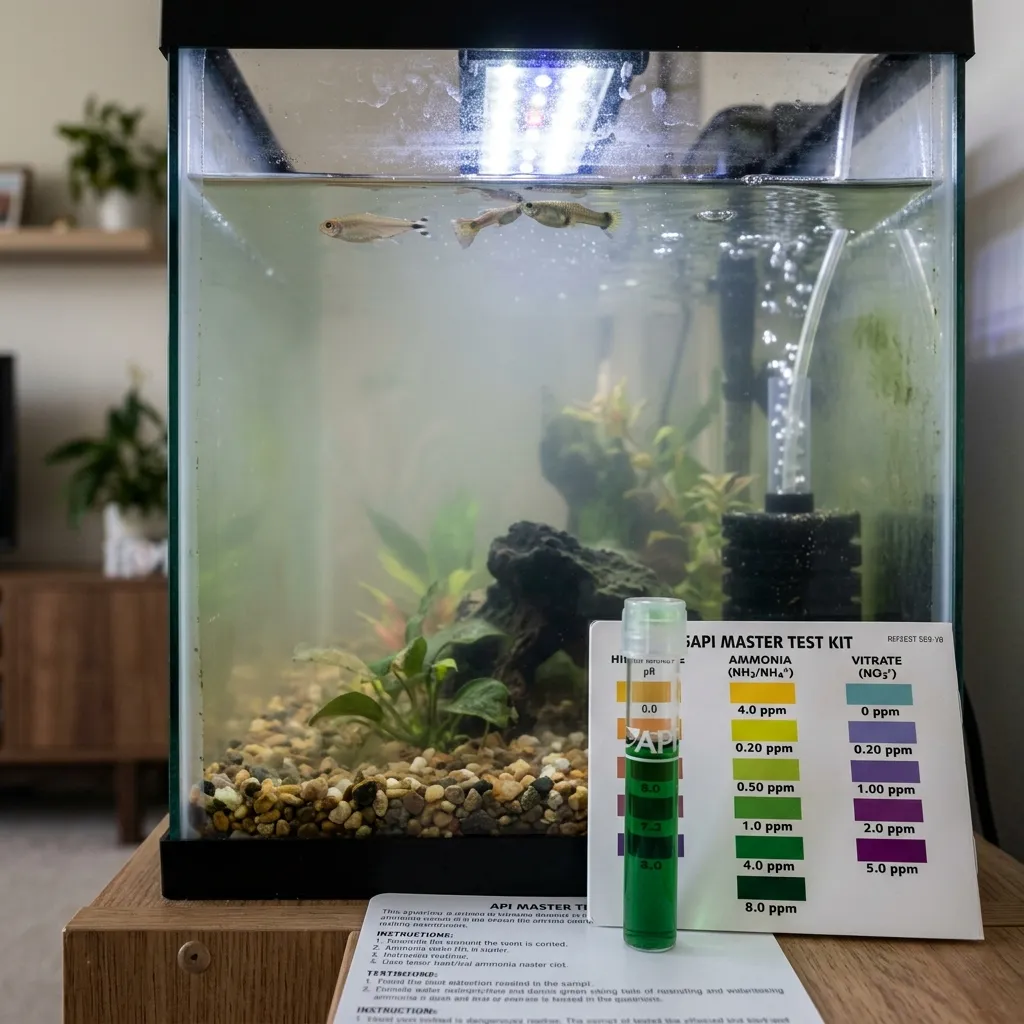 Aquarium test kit showing dark orange ammonia reading indicating a toxic spike