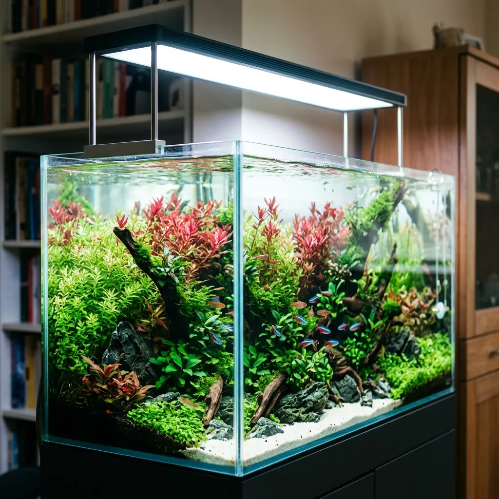 Planted aquarium under a full-spectrum LED light showing vibrant plant color