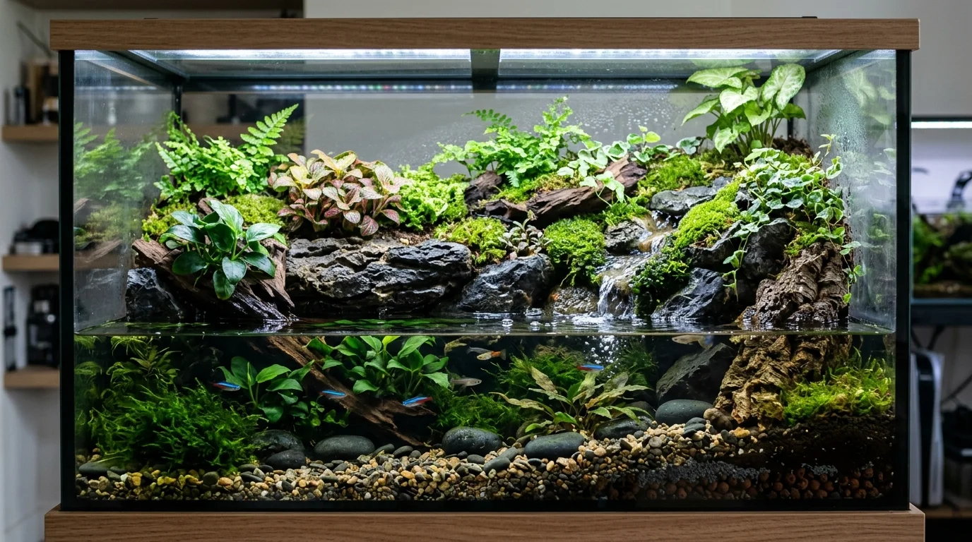 Aquarium converted into a paludarium with distinct aquatic, transition, and terrestrial zones