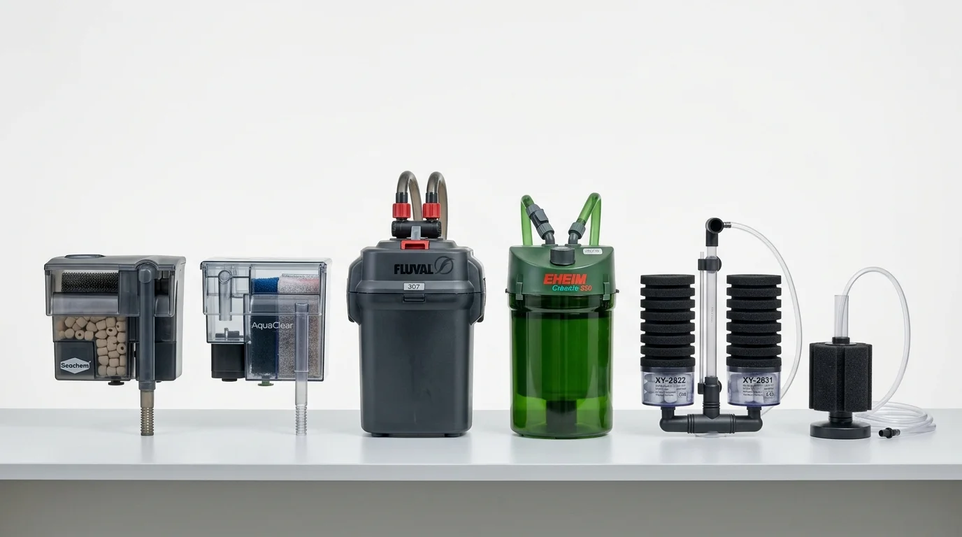 Diagram showcasing the water flow mechanics of HOB, canister, and sponge filters