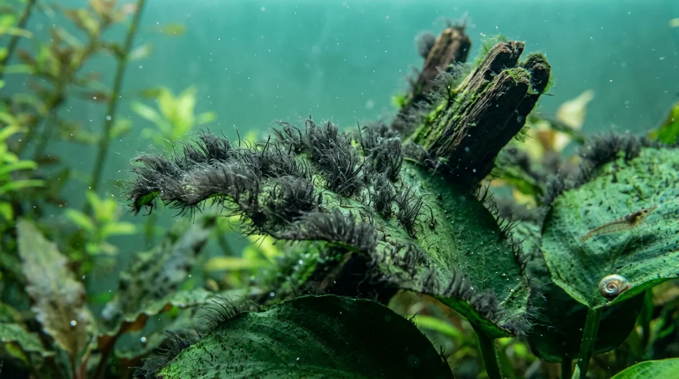 Black Beard Algae dark tufts on Anubias leaf edges and driftwood in a planted aquarium