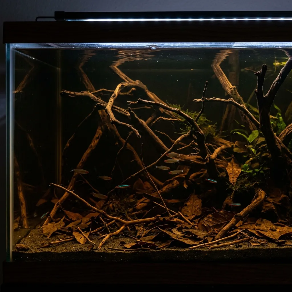 A blackwater aquarium with tea-colored water, submerged driftwood, and dried botanicals covering the substrate
