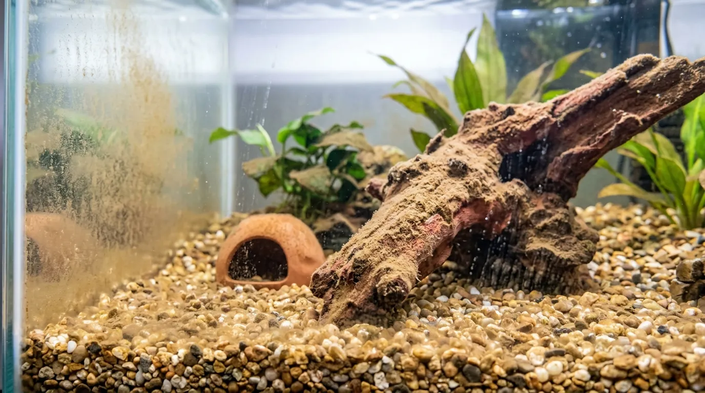 Brown diatom algae coating aquarium glass and substrate in a new freshwater tank