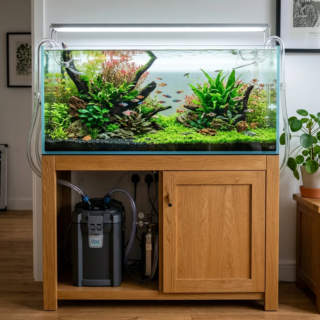 Hang-on-back aquarium filter flowing water into a planted freshwater tank with clear glass