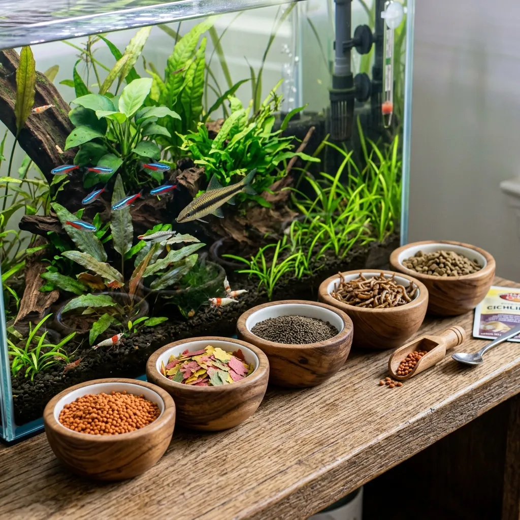 Assortment of fish pellets, flakes, and frozen food used for aquarium feeding