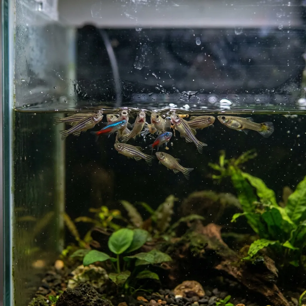 Fish gasping at the water surface, a sign of low dissolved oxygen or gill distress