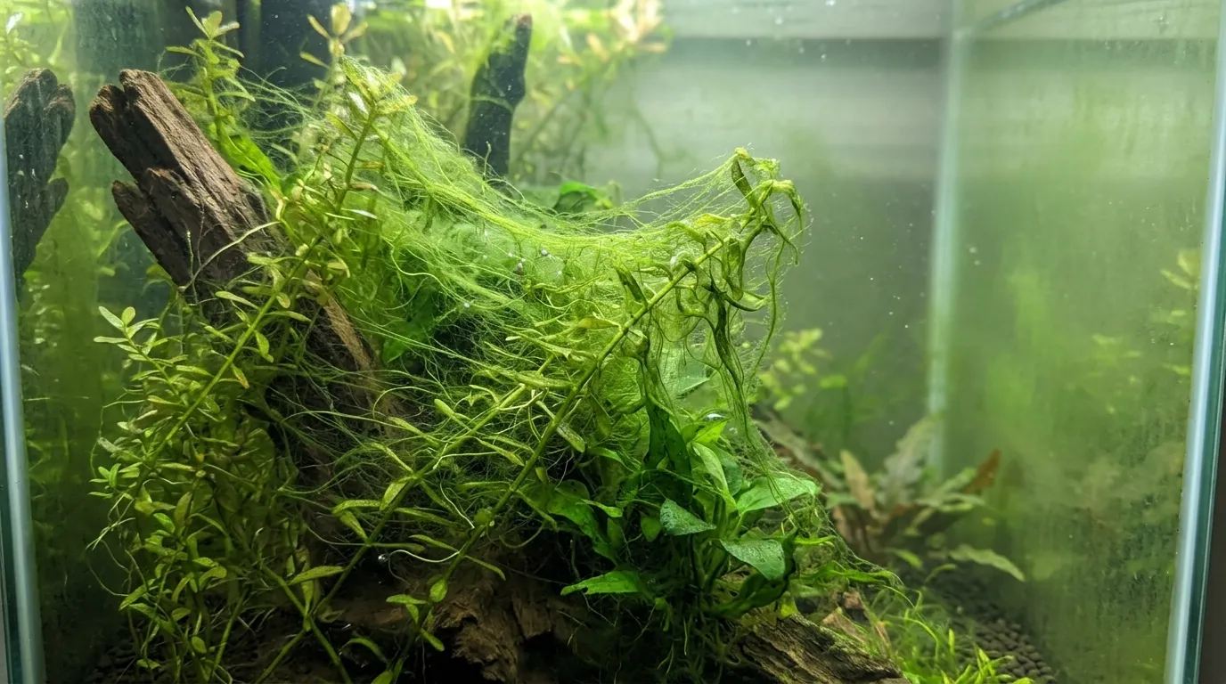 Long stringy green hair algae tangled around aquarium plant stems and decor