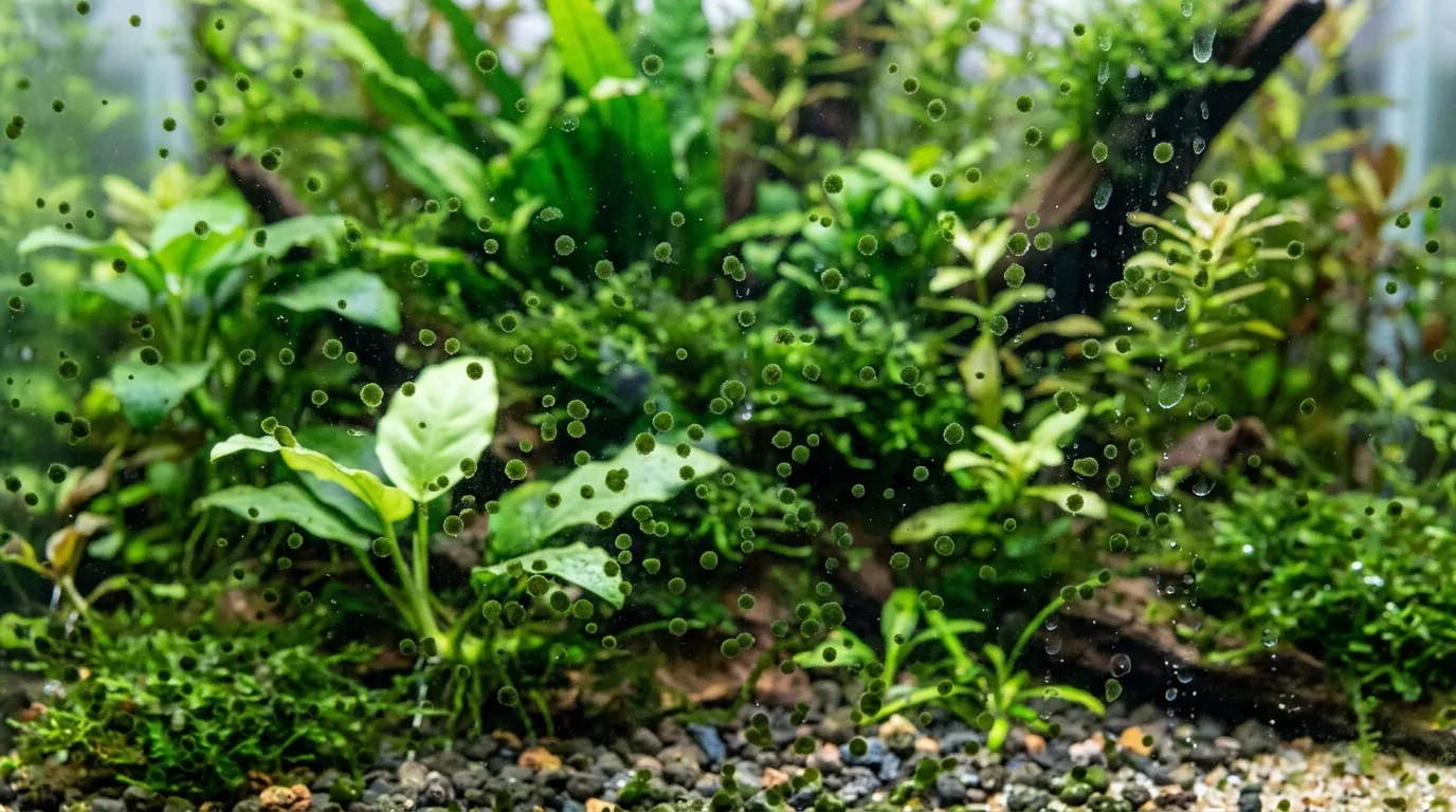 Hard green spot algae dots on aquarium glass surface
