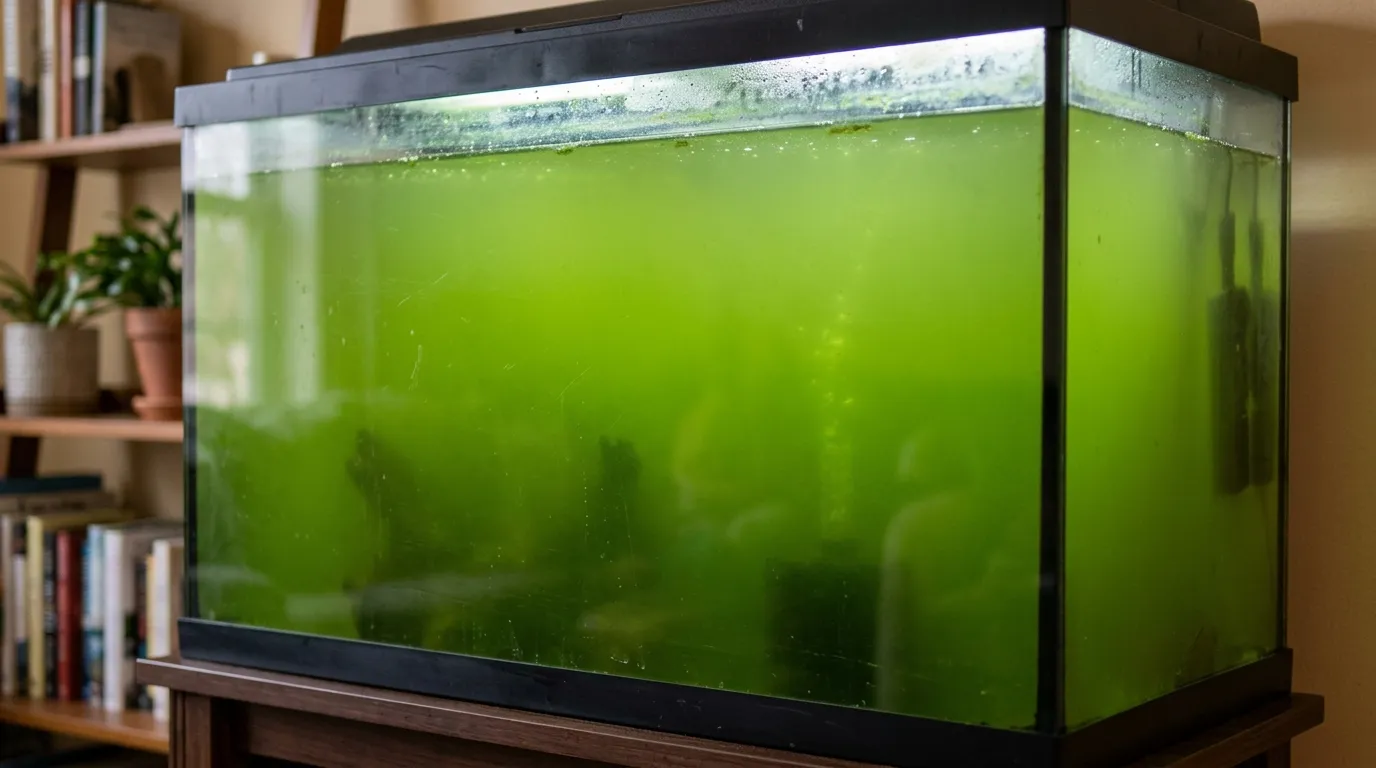 Aquarium with pea soup green water algae bloom obscuring fish