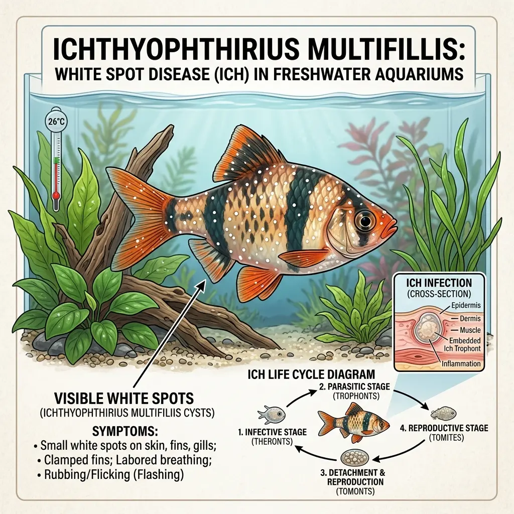 Close-up of fish with Ich white spot disease visible cysts on skin and gill covers
