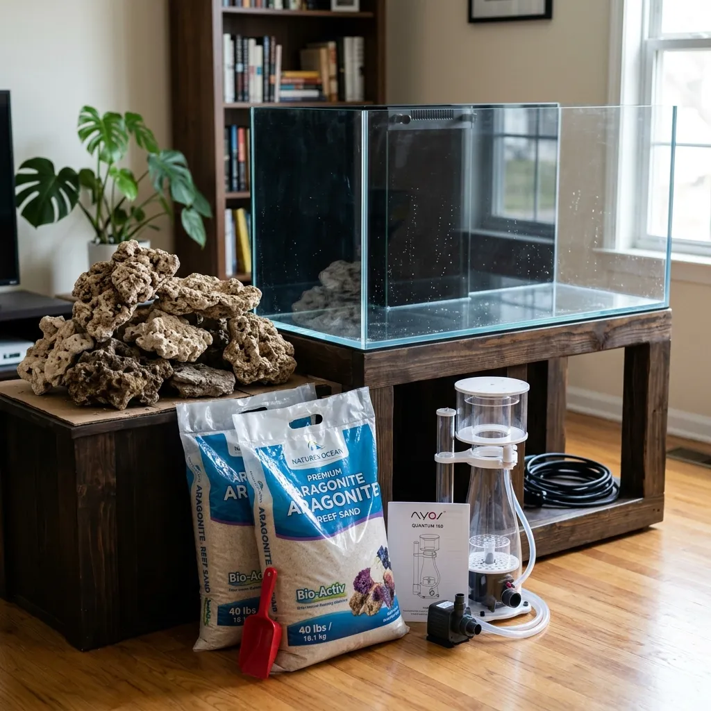 A newly established marine aquarium featuring live rock and a protein skimmer in the sump