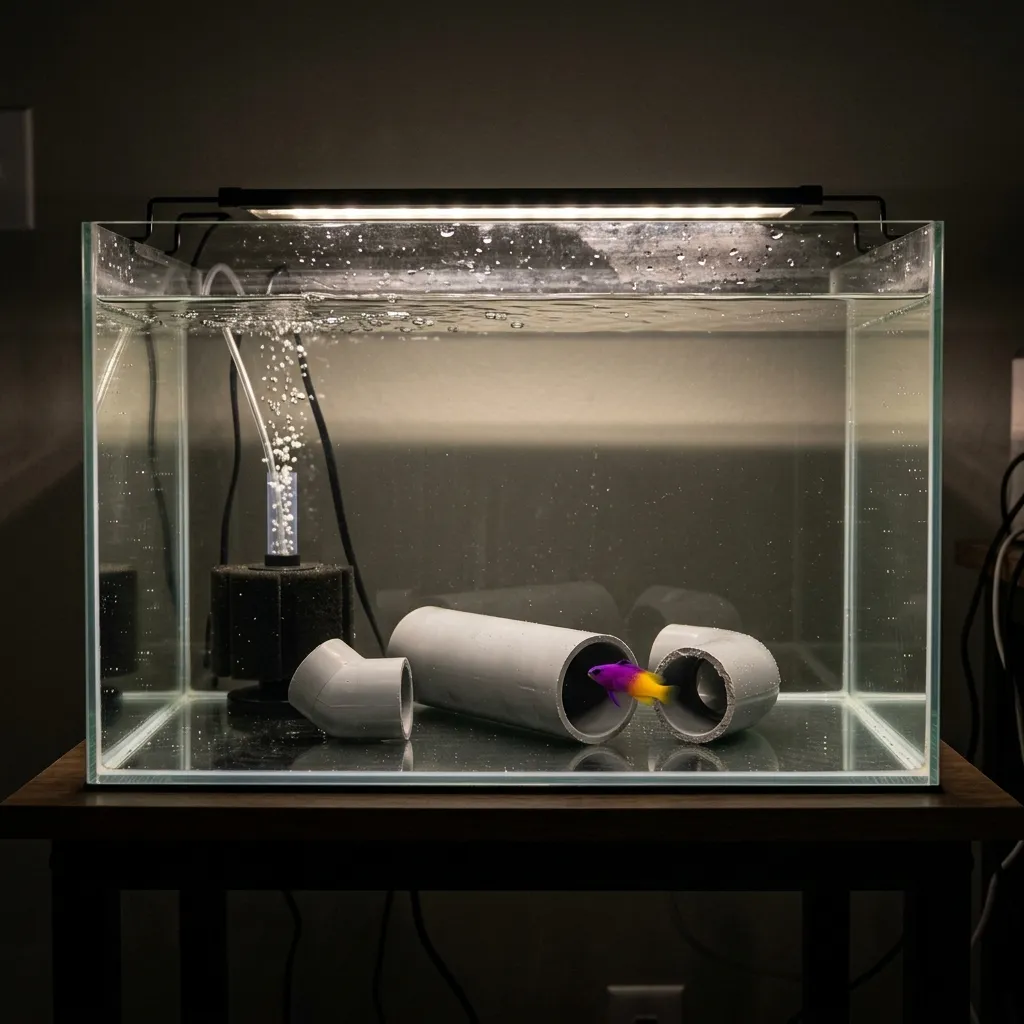 A sterile marine quarantine tank with PVC hiding spots and an ammonia alert badge