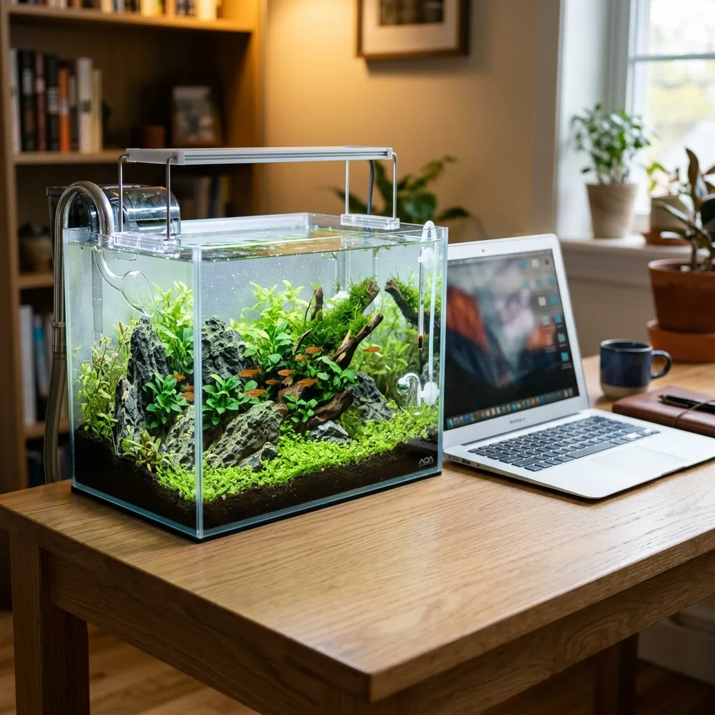 A beautifully aquascaped 5-gallon nano aquarium with a single betta fish