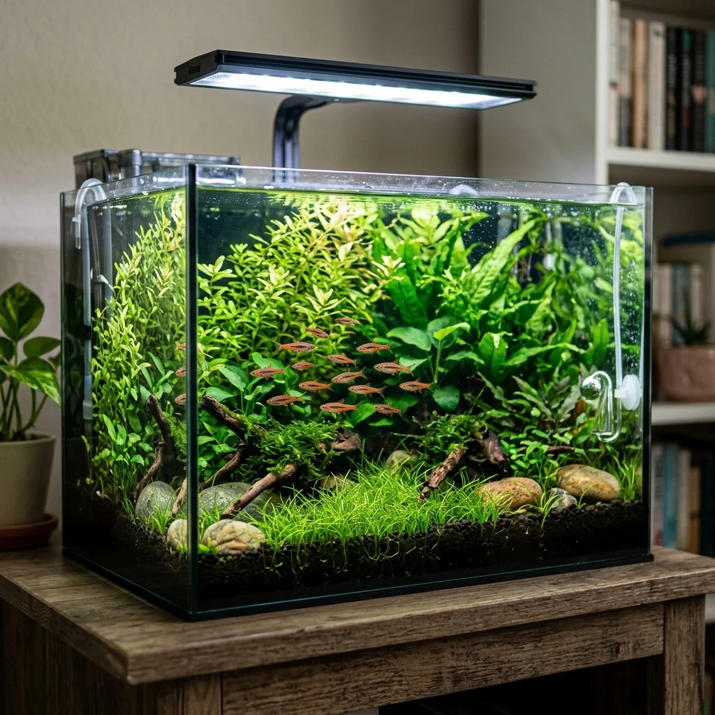 A beautifully aquascaped 6‑gallon nano tank