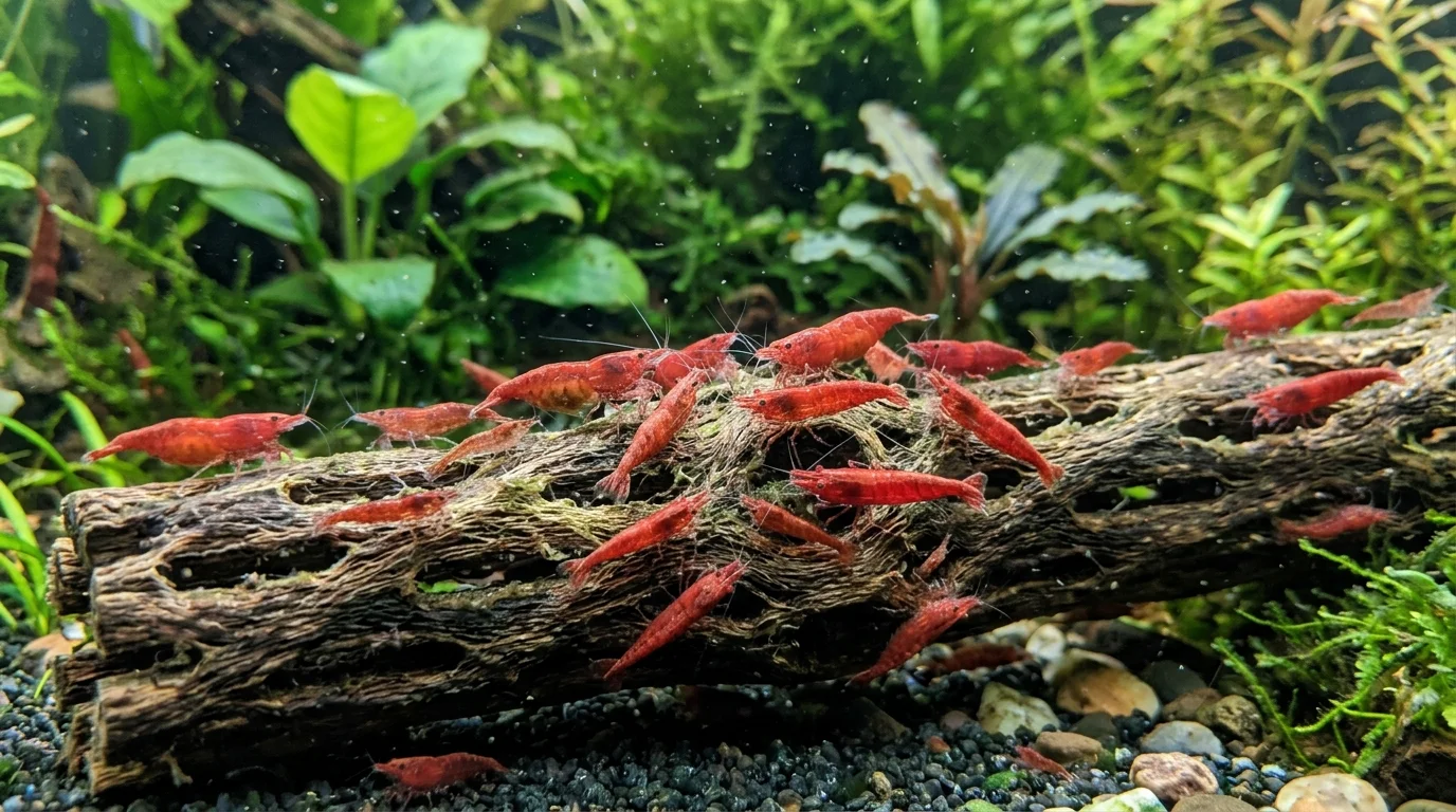 Vibrant red cherry shrimp colony grazing on cholla wood and java moss in a planted aquarium