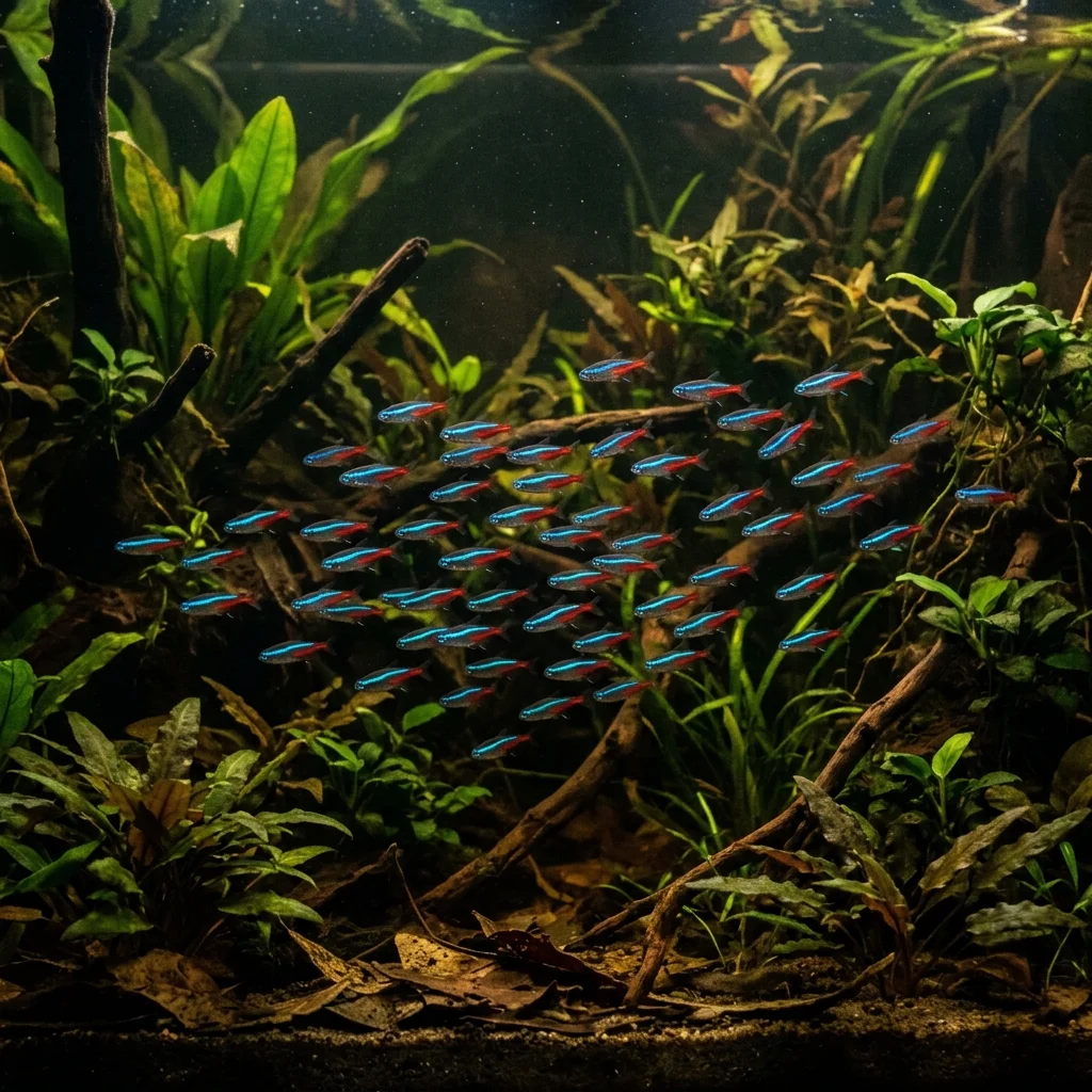 School of neon tetras swimming in a planted tank