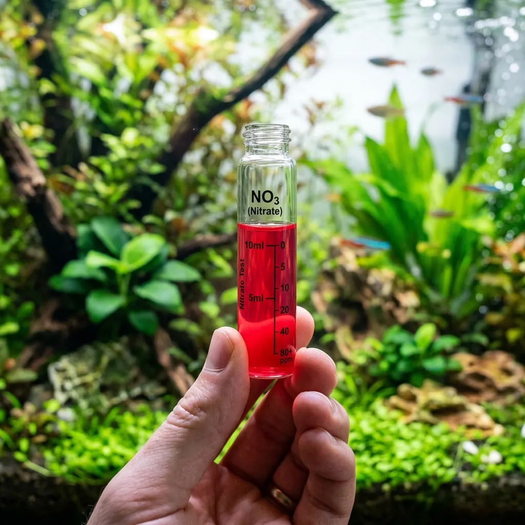 Aquarium nitrate test kit showing high nitrate reading with a faded, stressed fish in the background.
