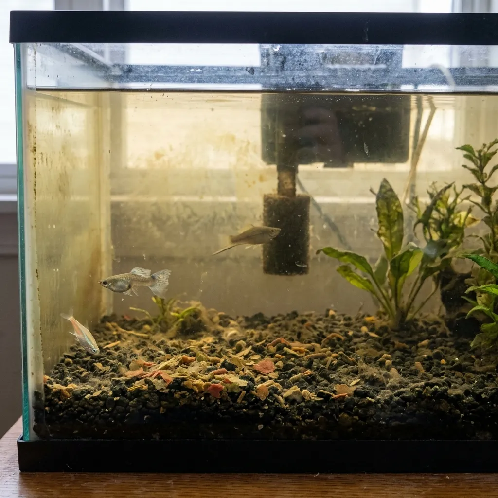 Excess uneaten fish food settling on aquarium substrate, a sign of overfeeding