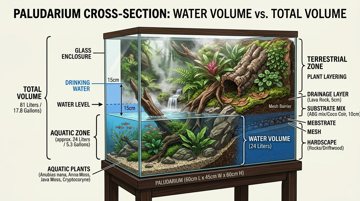 Paludarium aquatic zone showing internal length, width, and water height measurements