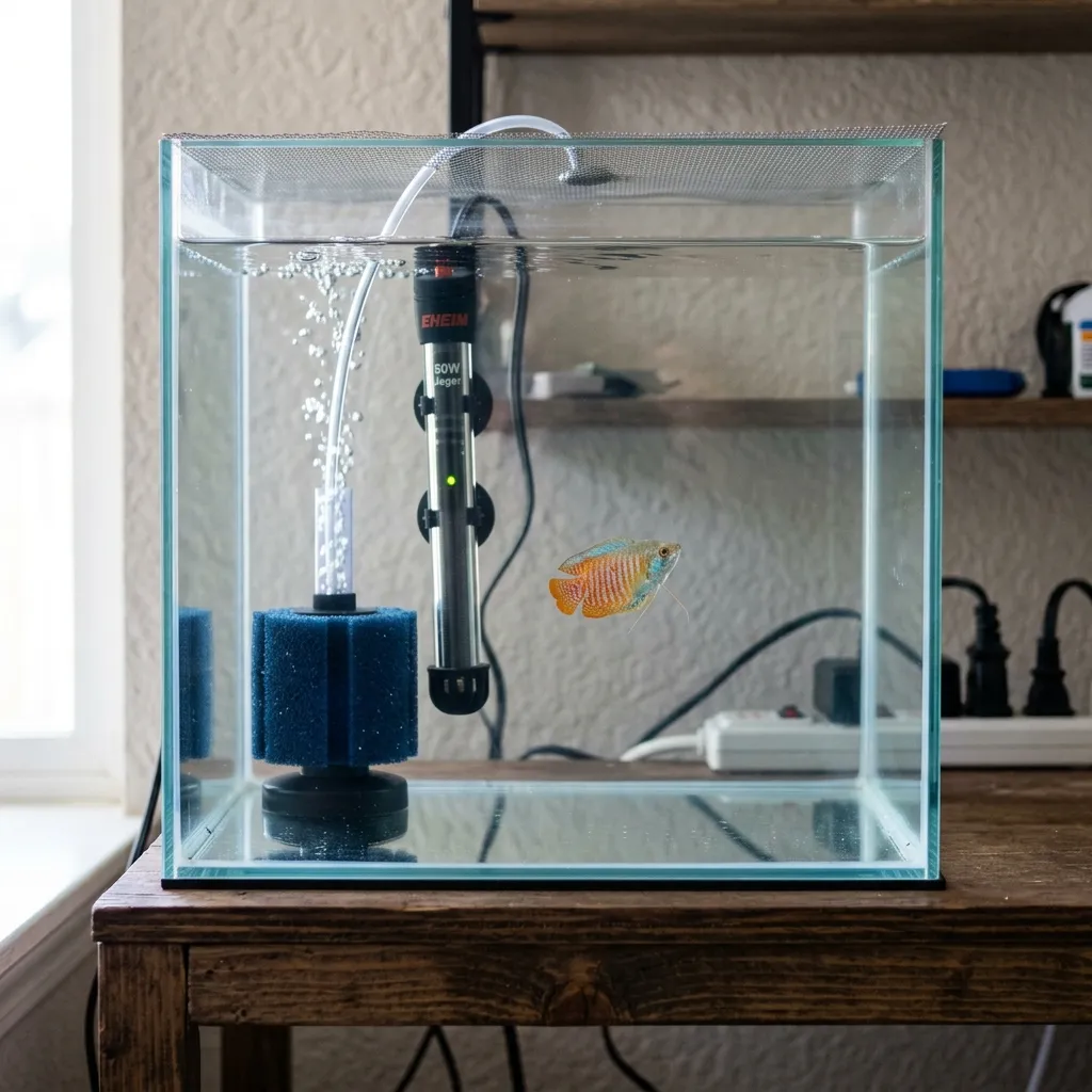 A bare-bottom 10-gallon quarantine tank with a sponge filter, heater, and PVC pipes for fish to hide in
