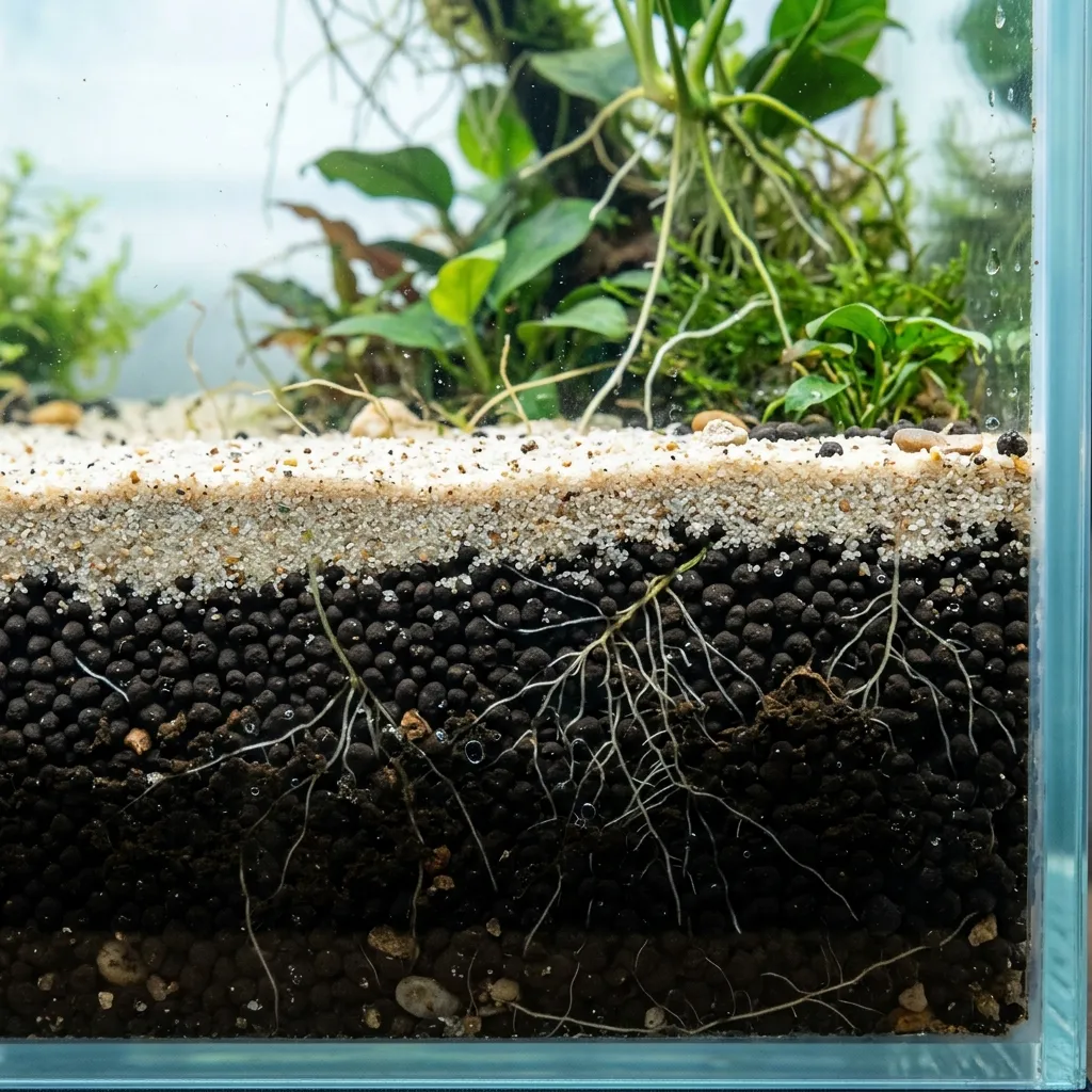 Layered aquarium substrate showing dark aqua soil capped with gravel in a planted freshwater tank
