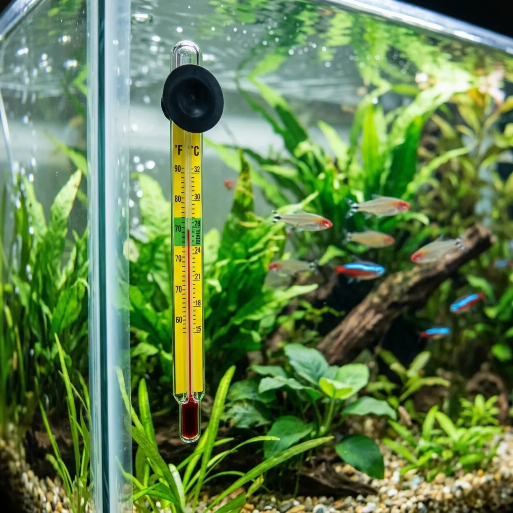 Aquarium thermometer showing 78°F with a healthy neon tetra and angelfish swimming nearby.