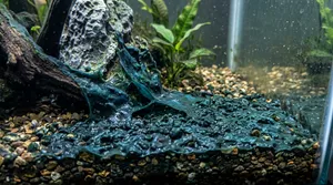 Blue-green cyanobacteria forming slimy sheets on aquarium substrate and decor