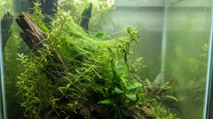 Long stringy green hair algae tangled around aquarium plant stems and decor