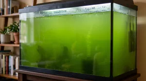 Aquarium with pea soup green water algae bloom obscuring fish