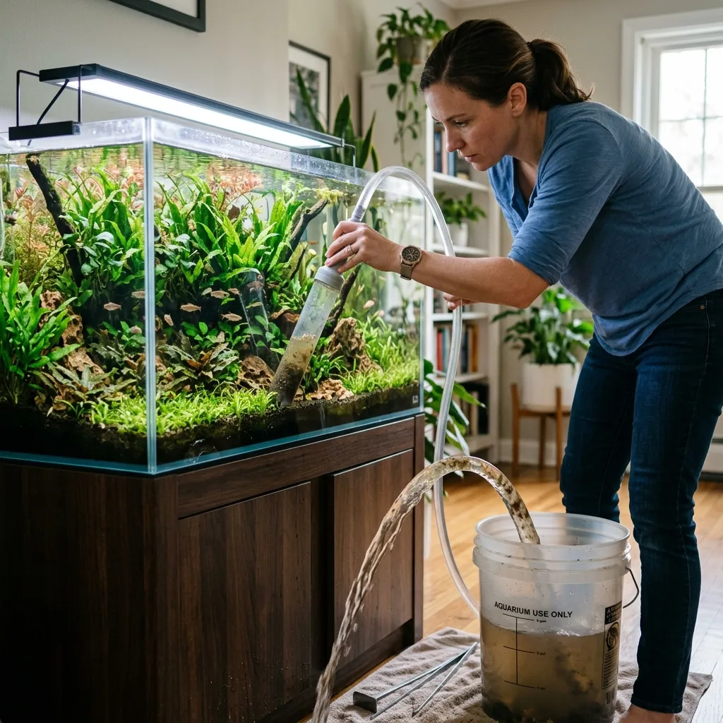 Aquarium gravel vacuum siphon removing debris during a routine water change in a planted freshwater tank