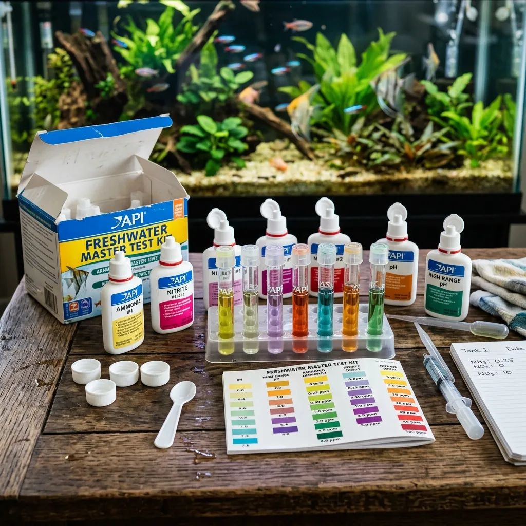 A row of glass test tubes showing different color readings for aquarium water parameters